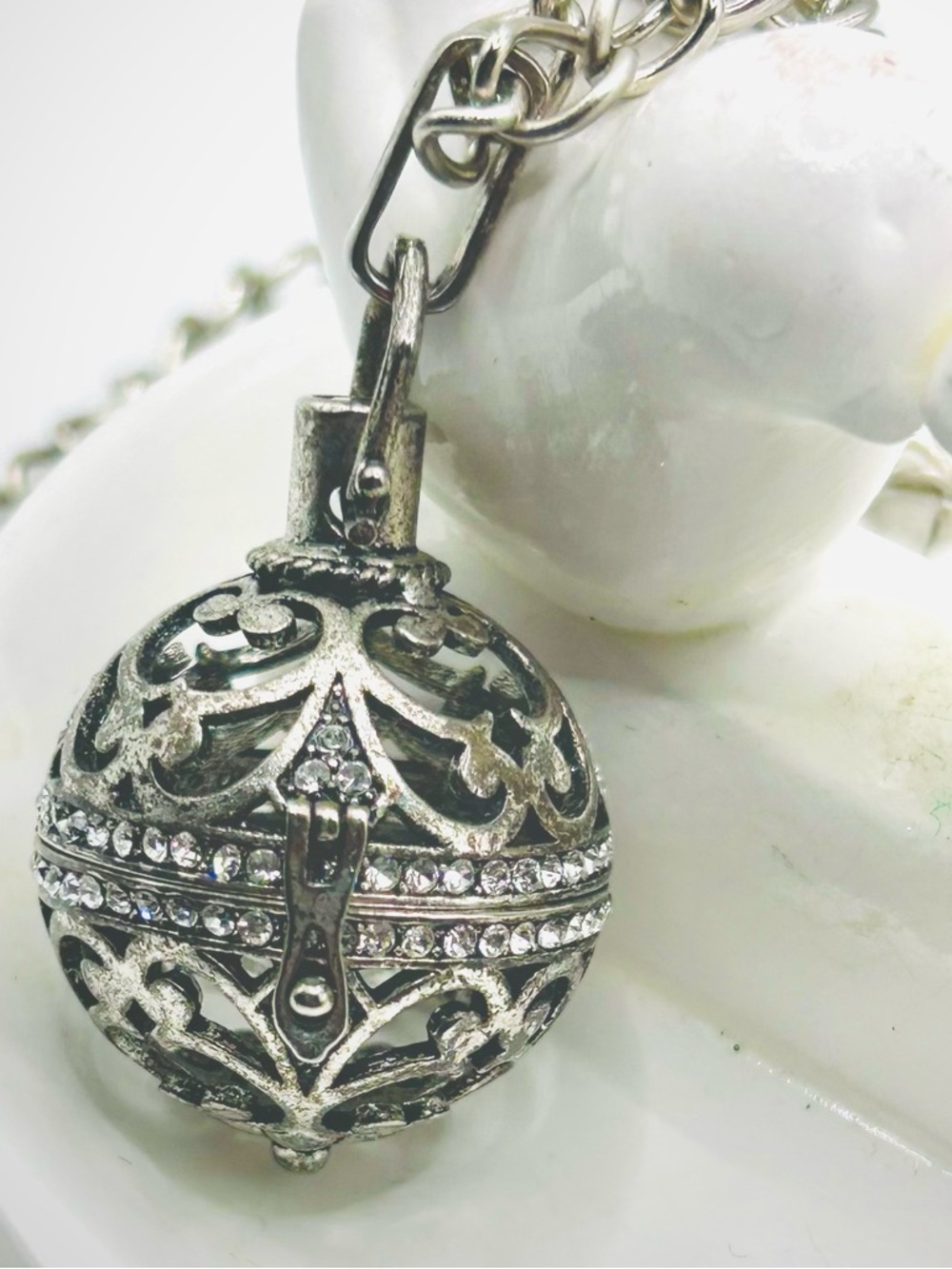 Antiqued Silver Round Filigree Prayer Box Locket Pendant On Lobster Clasp
